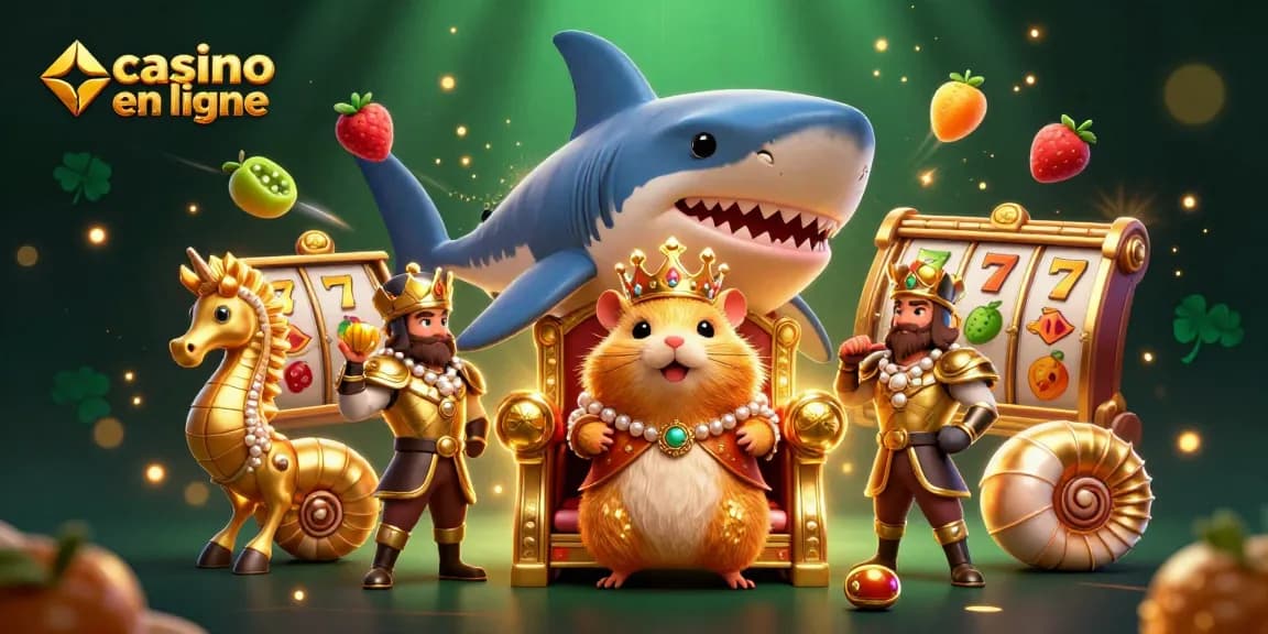 Un roi hamster doré joue avec des machines à sous sur un fond de casino en ligne captivant.