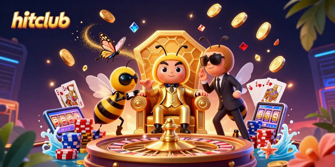 Hitclub bumblebee boss oversees dazzling gambling scene with coins, roulette, and cards in vibrant 3D.