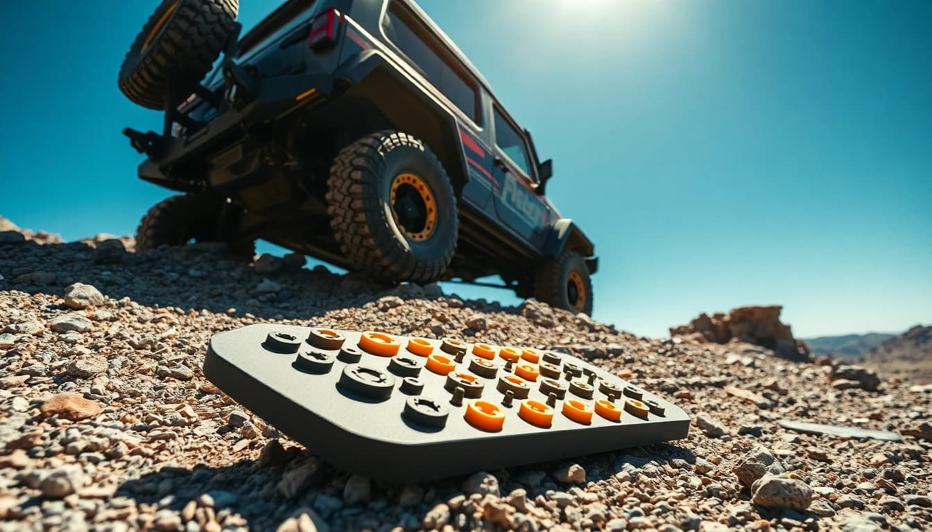Traction Boards assisting a vehicle on a rocky hill, promoting outdoor adventure.