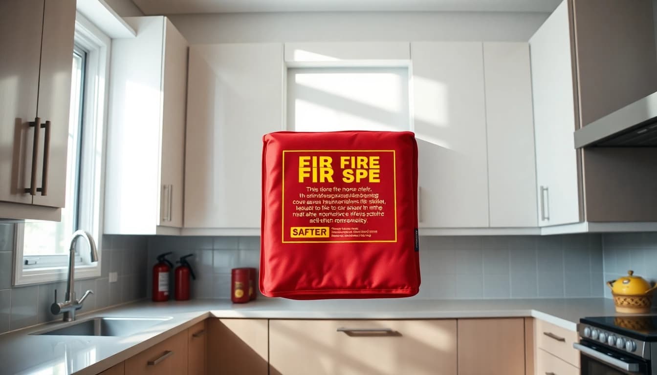Fire blanket displayed safely in a well-lit kitchen emphasizing home safety.