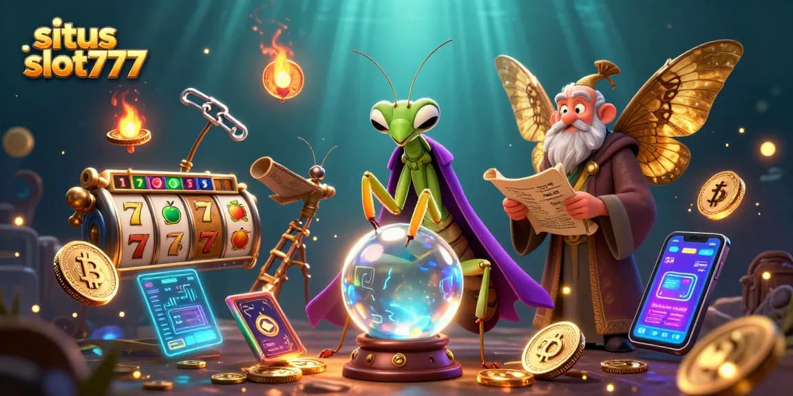 Bermain di situs slot777 dengan slot reel dan simbol keberuntungan dalam ilustrasi menarik.