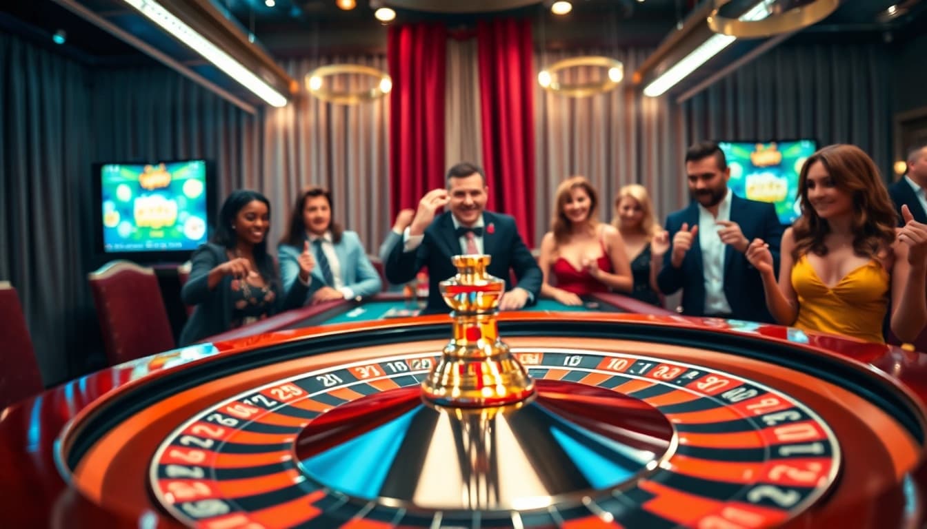 Engaging players at an online roulette South Africa table in a vibrant casino setting.