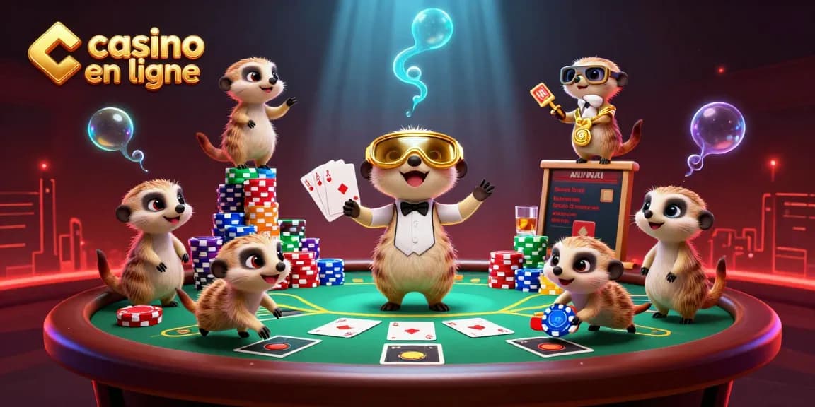 Jouez dans un casino en ligne animé avec des suricates gérant les mises et les cartes.
