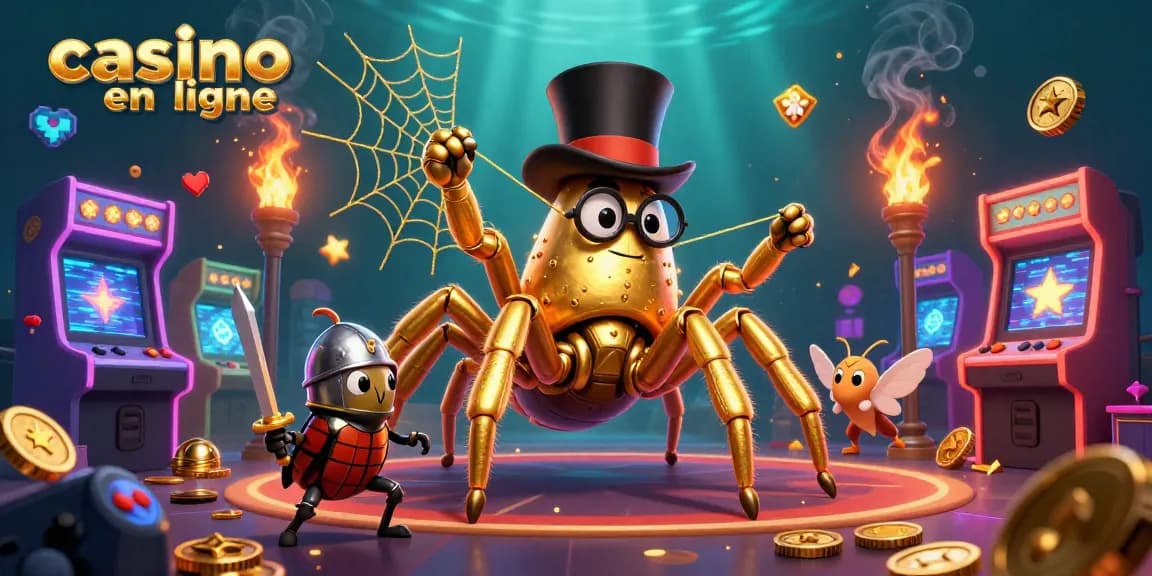 Explorez l'univers du casino en ligne avec cette scène animée mettant en avant une araignée dorée amusante tissant un lien magique entre les jeux.