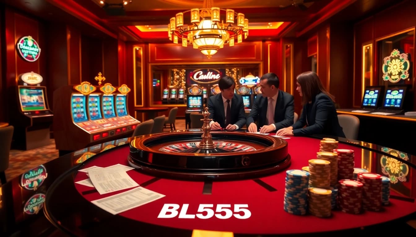 Engaged players strategizing at a BL555 poker table amid luxury casino ambiance.