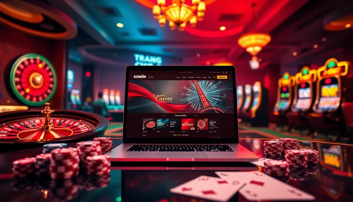 Engage with Trang Chủ Kuwin as you enjoy an immersive online casino experience with vibrant slot machines and poker tables.