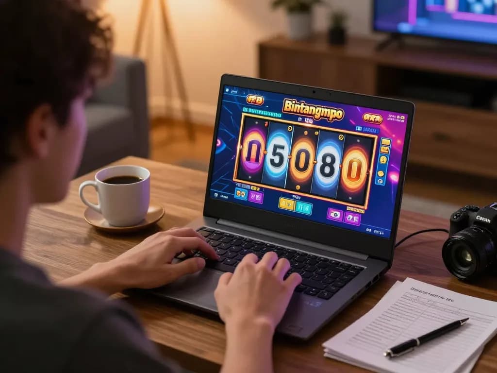 Pemain Bintangmpo terlibat dengan slot online di laptop, menunjukkan kebiasaan perjudian yang bertanggung jawab dalam pengaturan rumah yang nyaman.