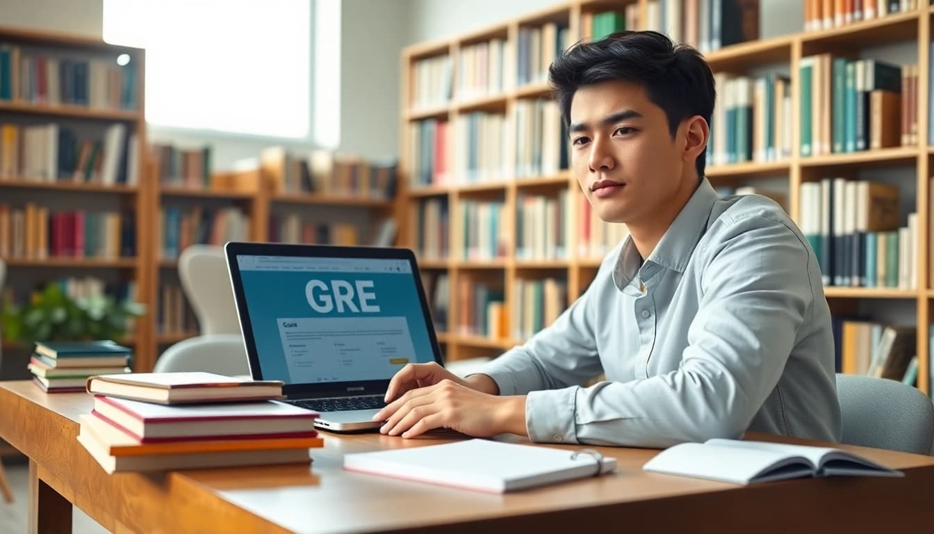 Pay someone to take GRE for me with a focused student studying at a desk surrounded by materials.