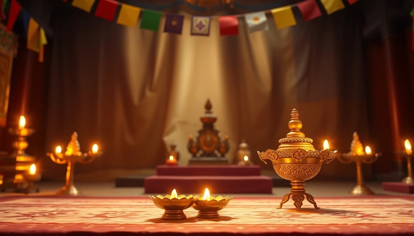 Experience a tranquil butter lamp blessing illuminating a serene temple setting.
