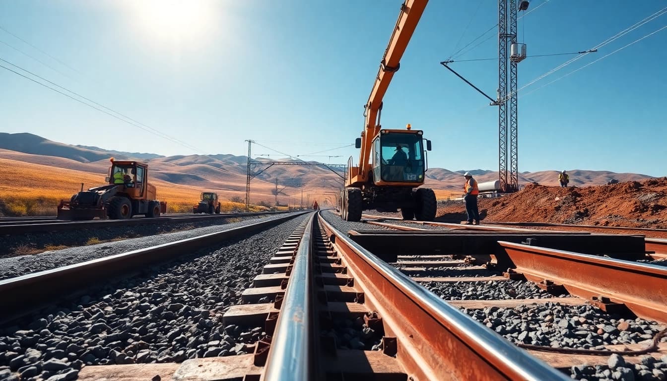 Railroad Track Construction Company meticulously laying steel tracks in a vibrant construction site.