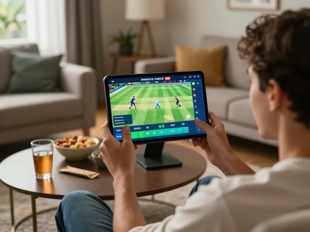 Placing live bets on BK33 cricket game app, showcasing exciting gameplay and home atmosphere.