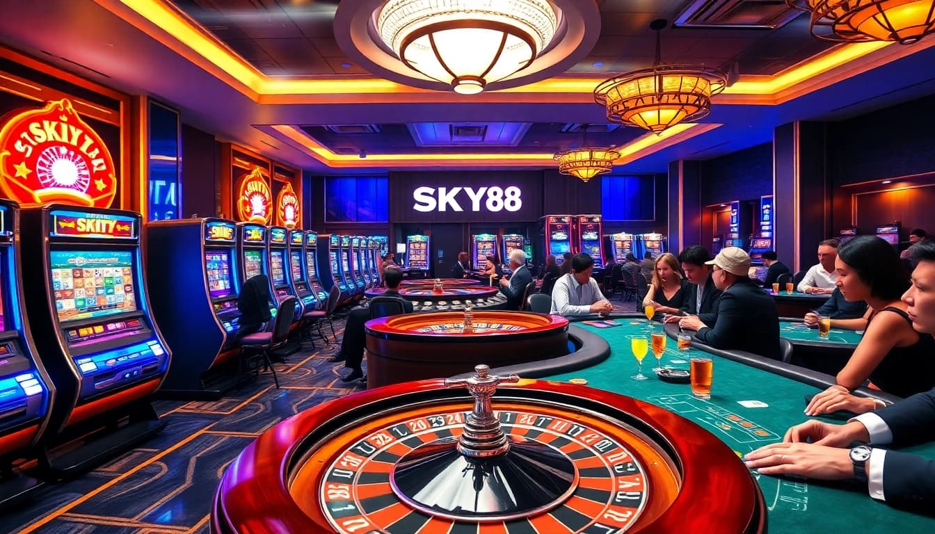 Players enjoying games at SKY88 casino with vibrant slot machines and a roulette wheel