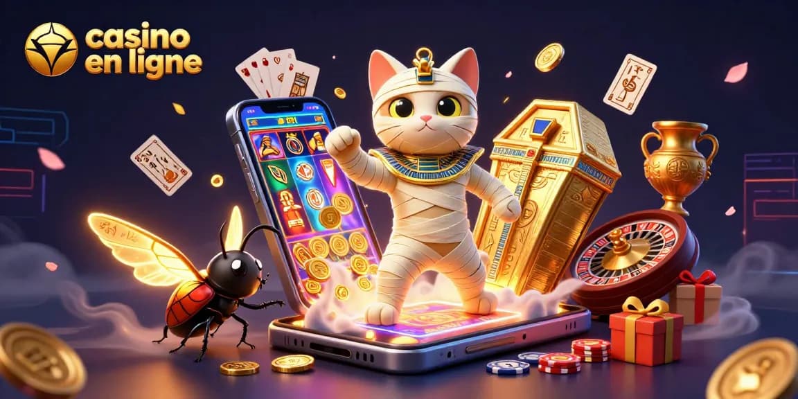 Découvrez l'univers captivant du casino en ligne avec un chat momie égyptien émergeant d'un sarcophage.