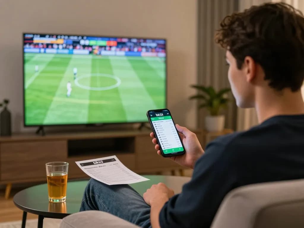 Engaged player using the bk33 app for live sports betting in a cozy home setting.