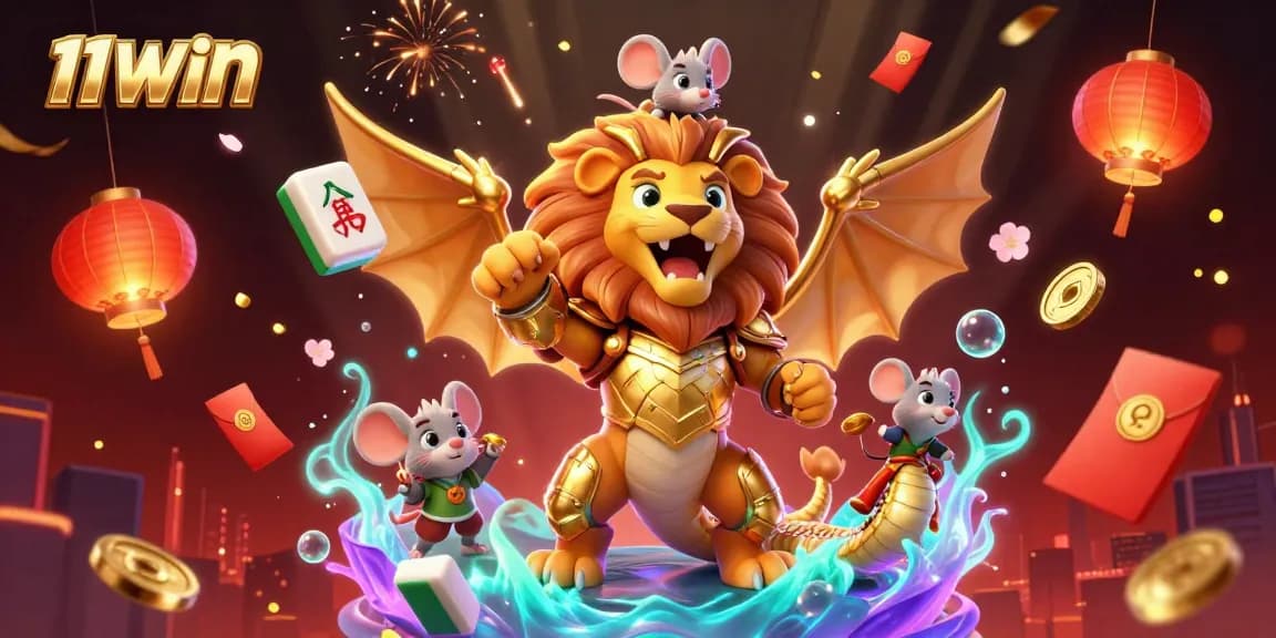 Immerse in the vibrant casino world of 11WIN, featuring a chimera creature amidst dynamic gambling elements.