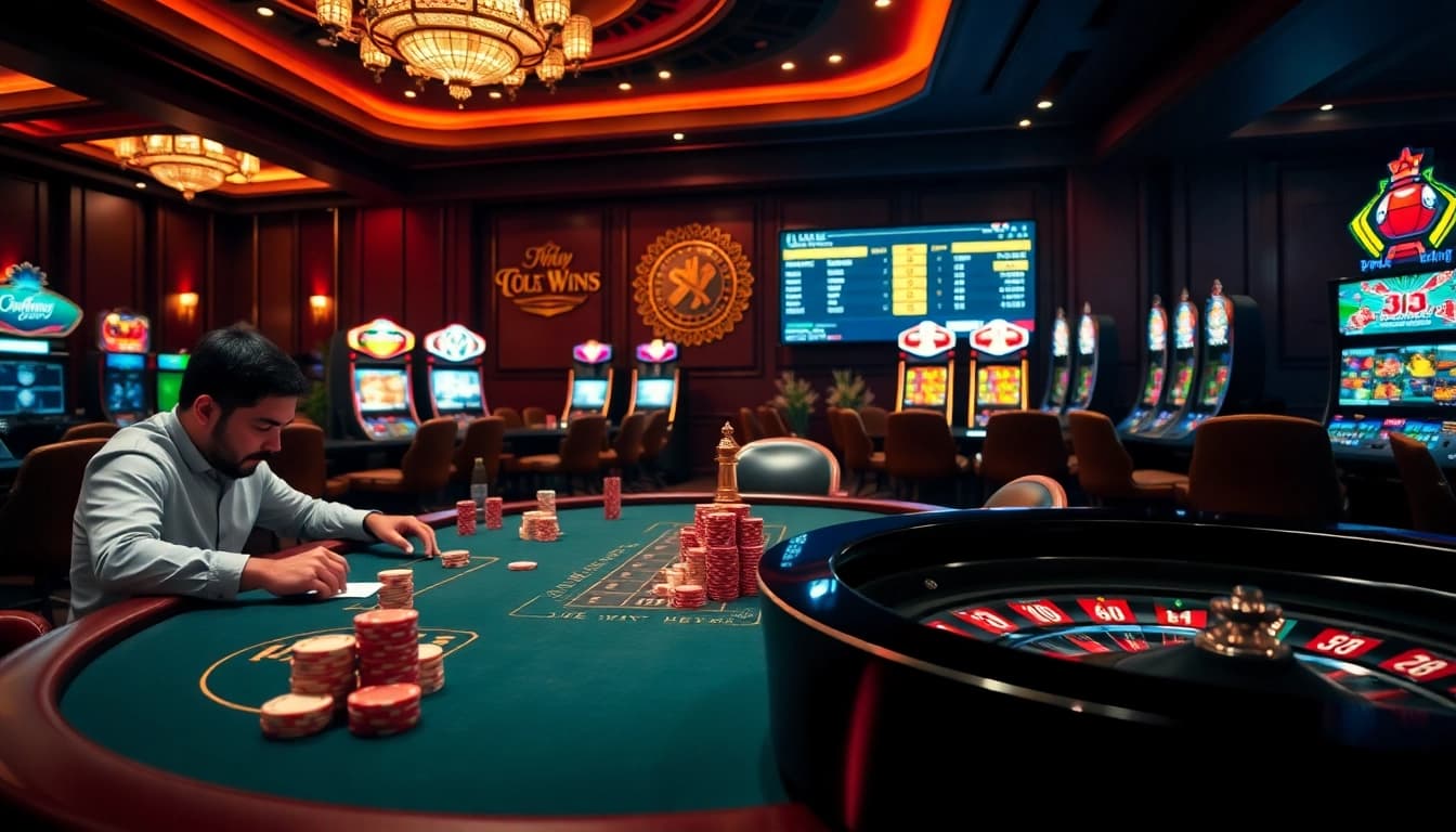 Engaging online gambling scene showcasing kèo bóng đá trực tuyến betting excitement with poker and roulette tables.