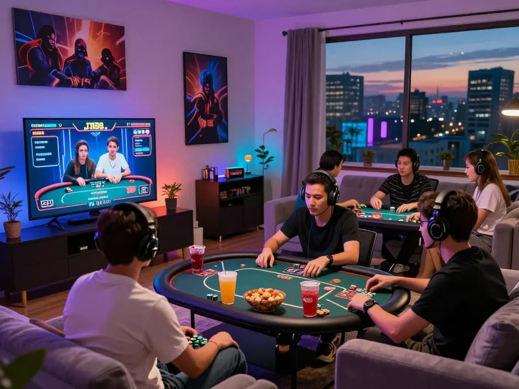 Engaging online gaming scene showcasing TR88 poker tournament with friends, modern home setup.