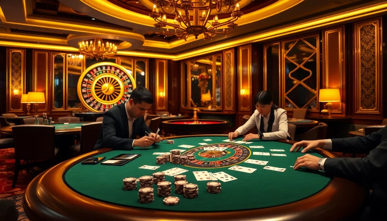 Players enjoying a vibrant casino experience with raja 88-themed betting slips and chips.