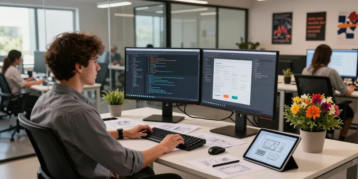 Efficient screenshot software download with a developer working at a modern desk, showcasing productivity and innovation.