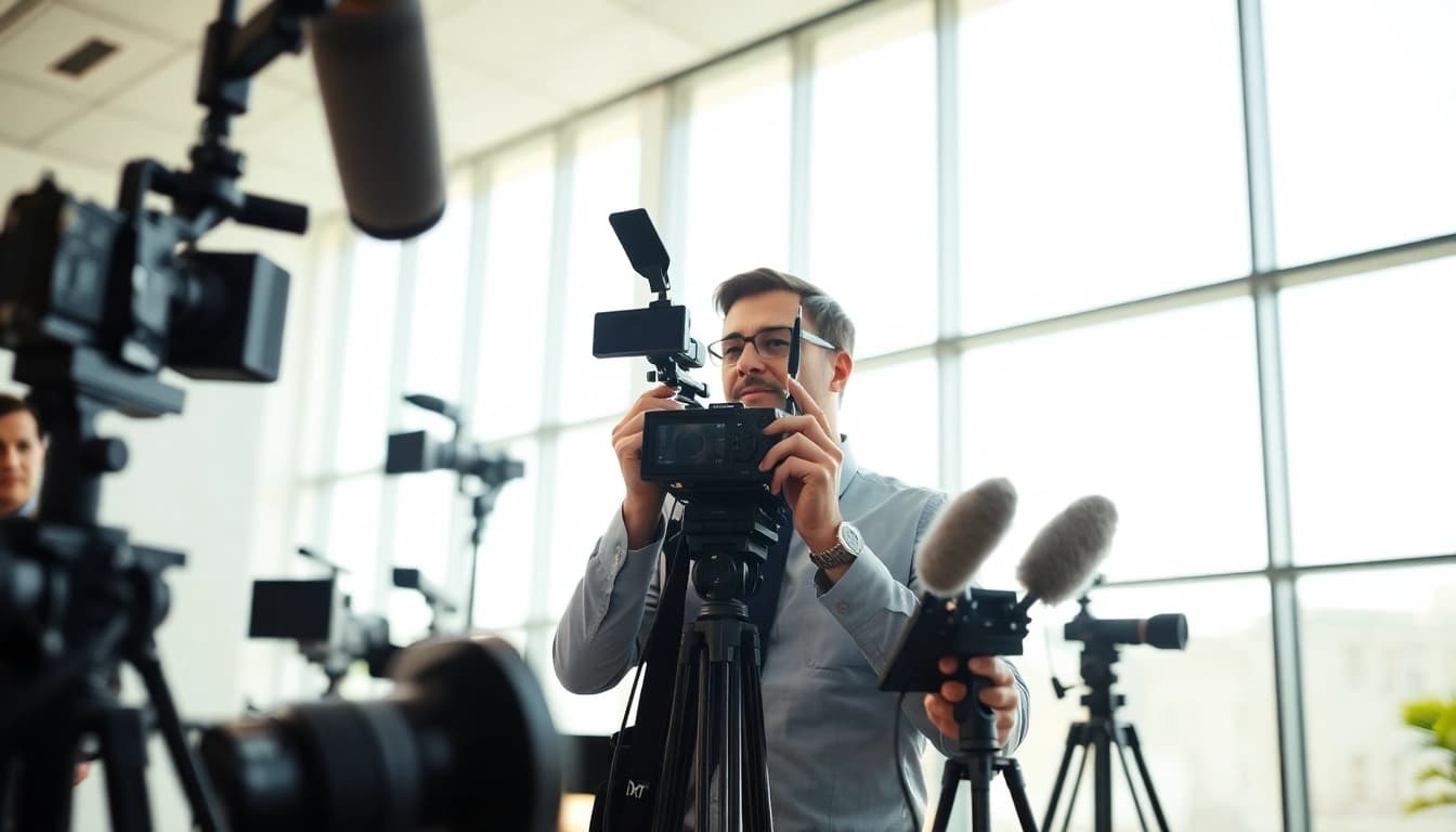 Engaging journalist covering news in a vibrant newsroom with advanced media tools.