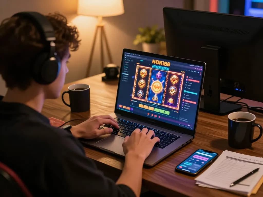 Sesi permainan online yang menarik di HOKI88 dengan visual slot yang cerah dan pengaturan pemain yang strategis.