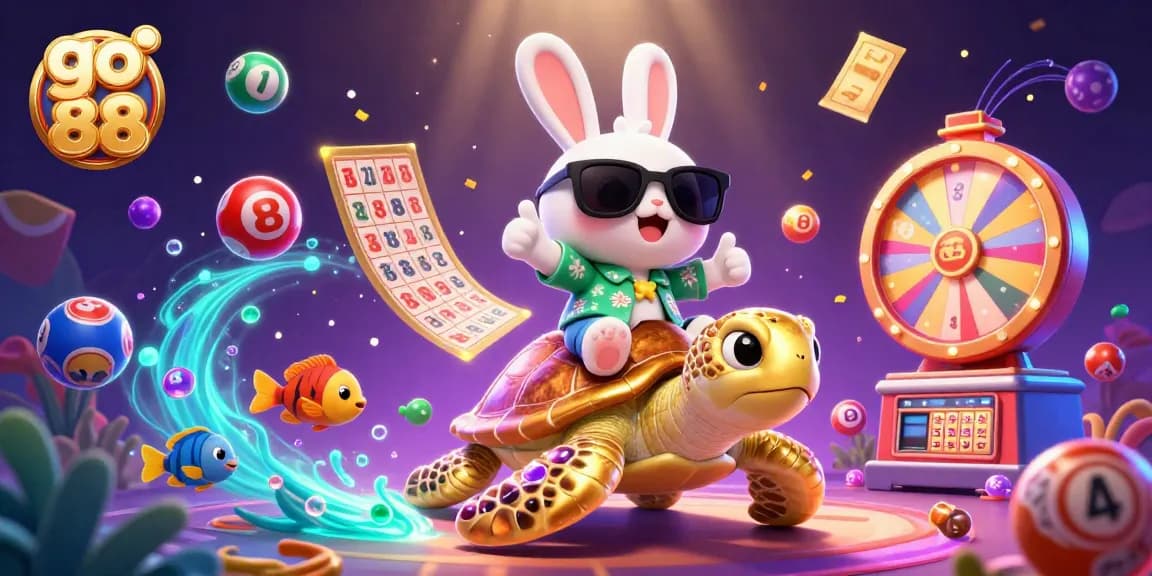 Win big with go 88 as the lucky rabbit rides the golden turtle in a vibrant gambling scene.