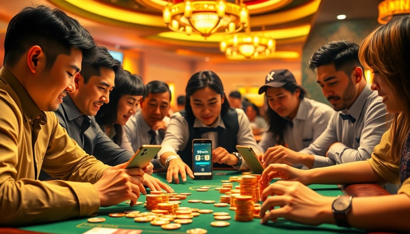 Exciting gaming experience at 98win casino with players engaged in poker and betting.