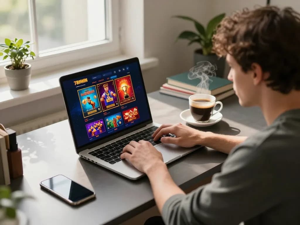 Engaging in online casino gameplay at 789WIN with a cozy home setup and laptop display