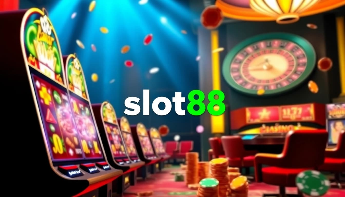 Experience excitement with slot88 as vibrant slot machines and chips create a thrilling atmosphere.