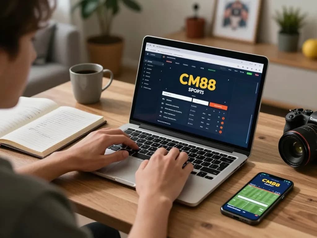 Person engaged in sports betting on CM88 platform from home, showcasing dynamic gaming environment.