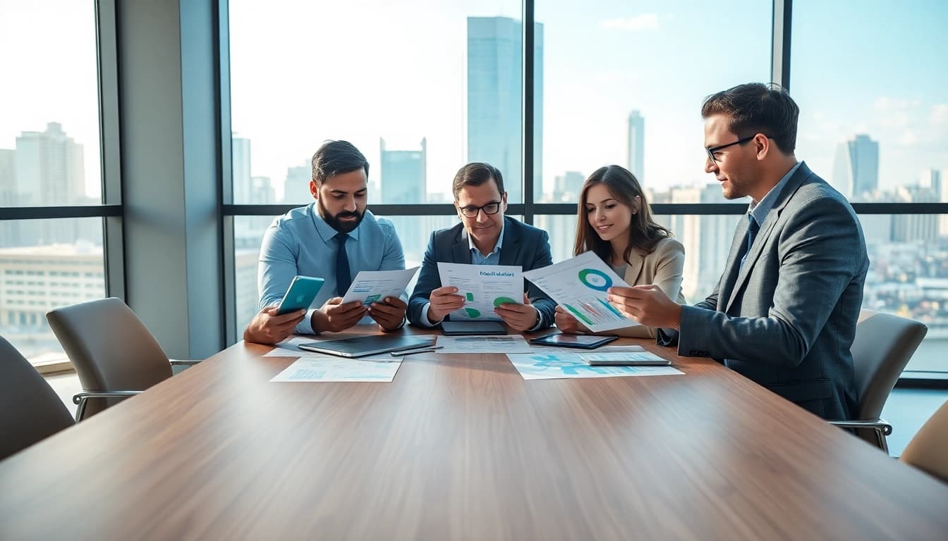 Addressing competitive intelligence faqs during team strategy meeting with digital reports.