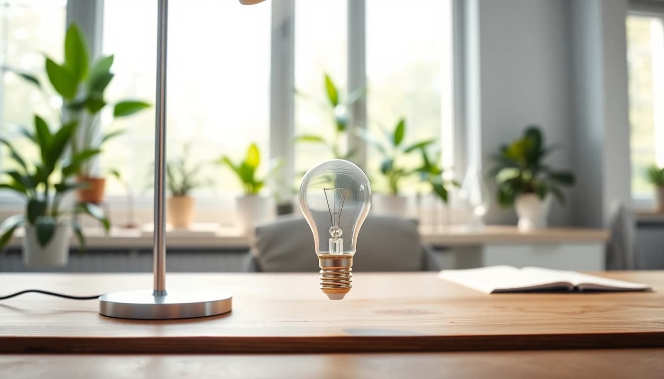 A close-up view of an a19 led bulb illuminating a stylish home office workspace.