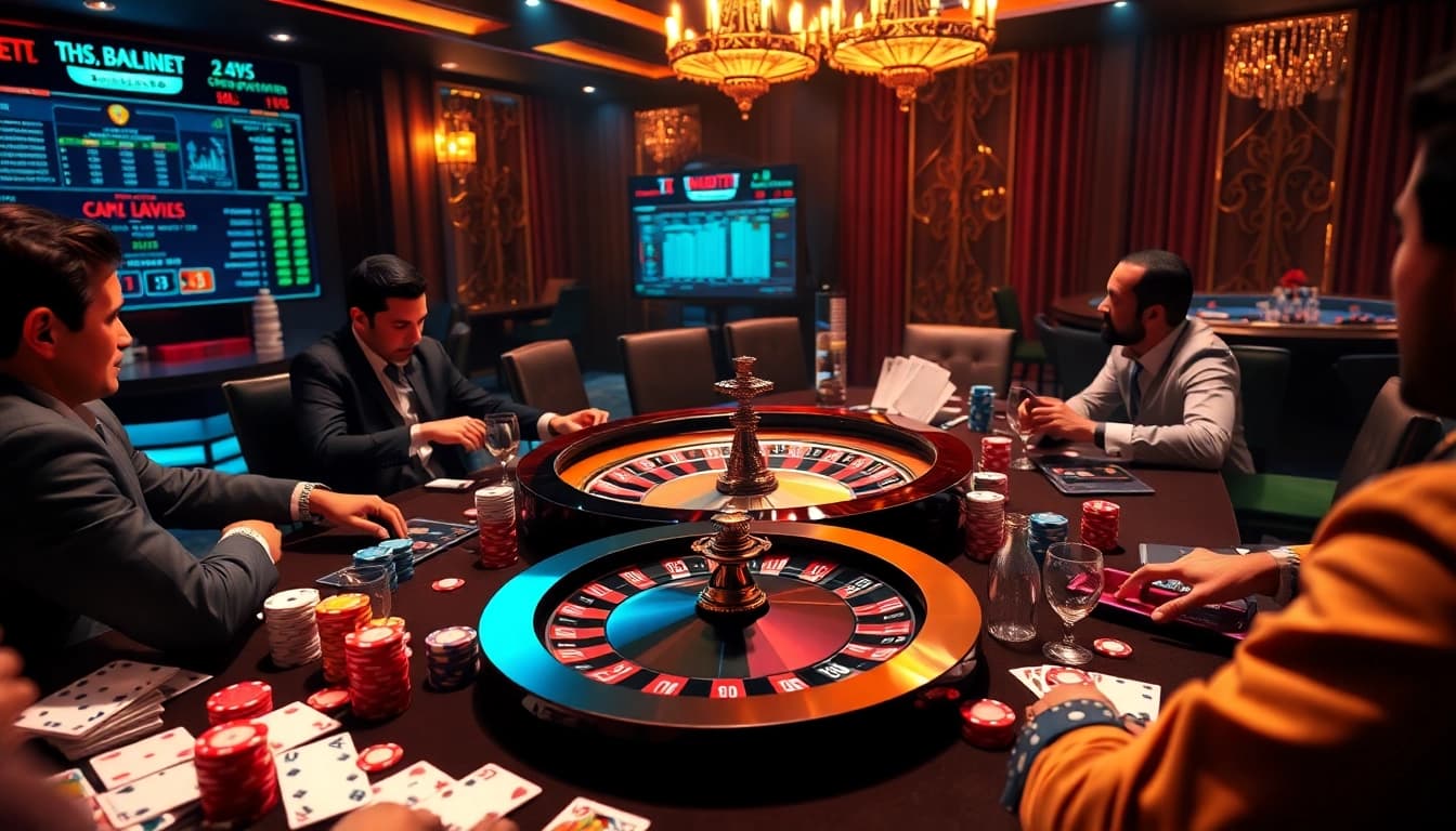 KPI4D players engaging in a thrilling casino atmosphere filled with poker chips and cards.