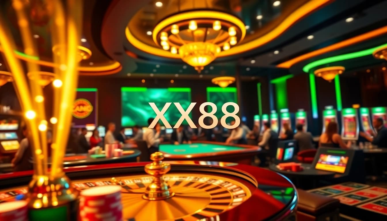 A thrilling gaming action at Trang chủ XX88 with vibrant casino tables and slot machines.