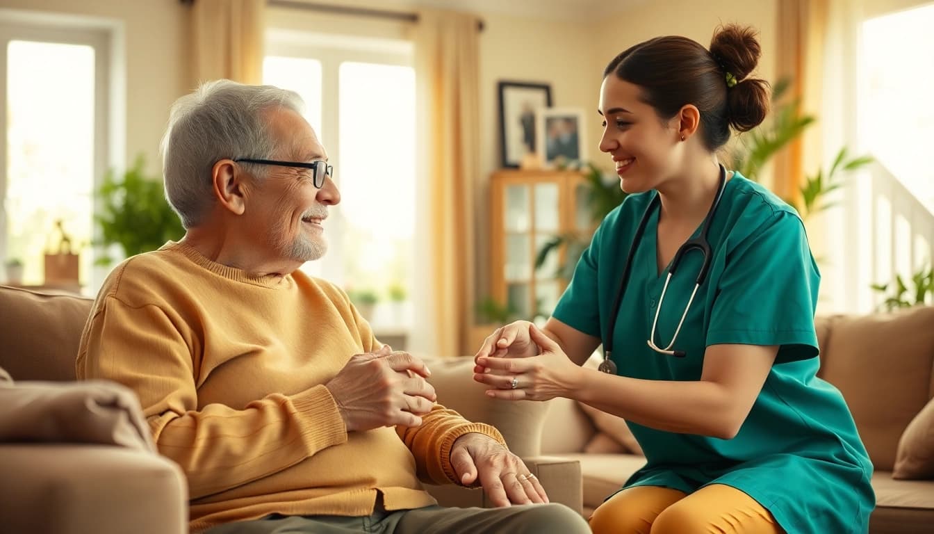 Engaged caregiver providing in home care austin tx in a warm, inviting living room.