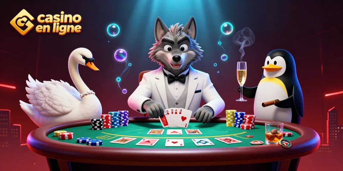 Casino en ligne : un loup élégant et une oie offertes à une table de baccarat animée.