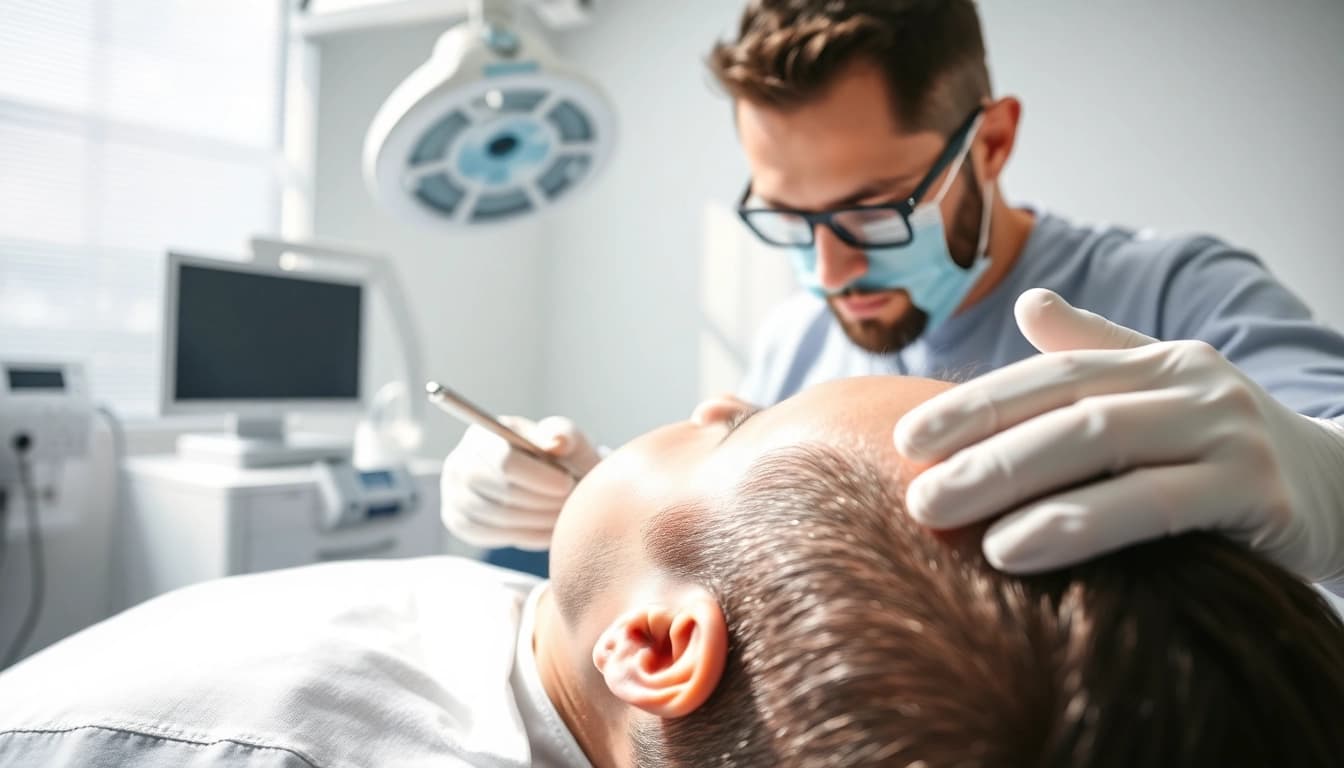 Performing a hair transplant turkey procedure showcasing expert techniques in a modern clinic.