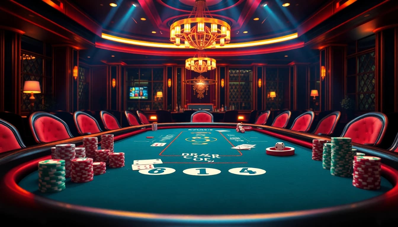 Players strategizing in a vibrant GO8 poker game at a luxurious casino.