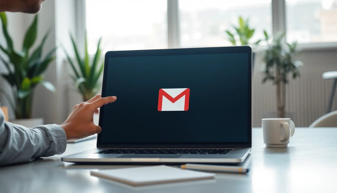 Engaging with Gmail邮箱 in a professional office setting, showing an open laptop and modern design.