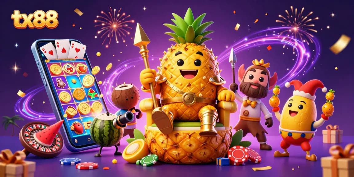 Win big with tx88 in this vibrant casino scene featuring a golden pineapple king.