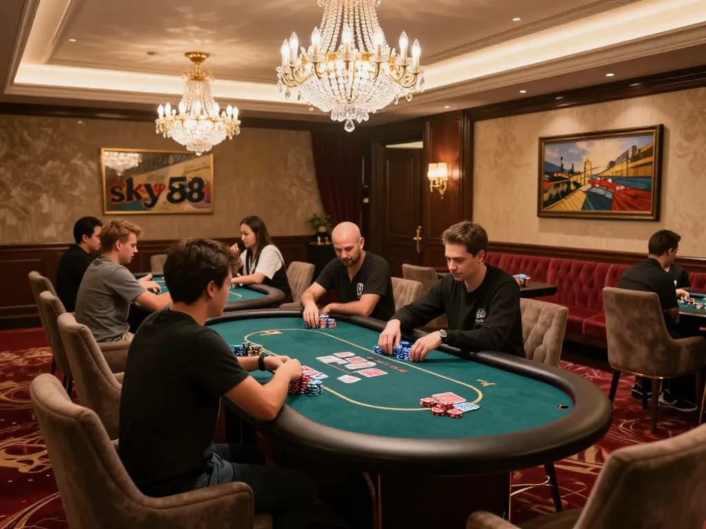 Intense poker game at the sky88 club's luxurious VIP table, showcasing chips and cards.