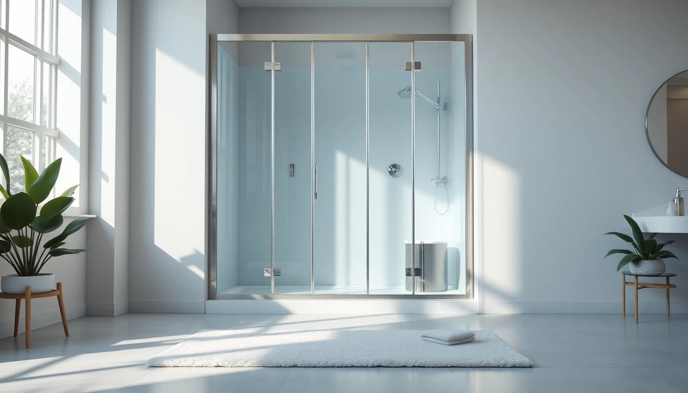 Duschkabine 90x90 in einem modernen Badezimmer mit eleganten Details und natürlichem Licht.