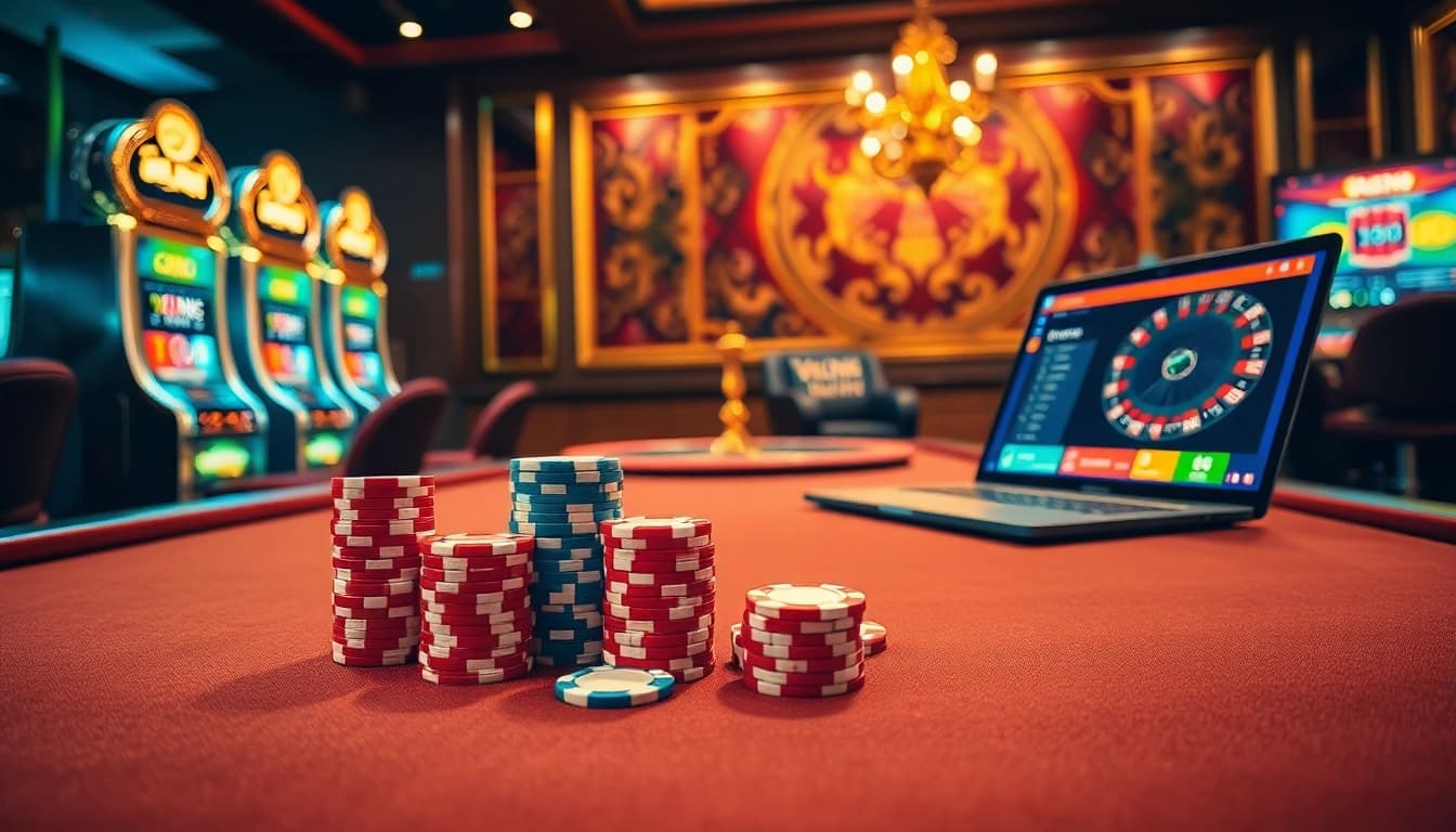 Engaging scene of vua99 caisno showing a luxury casino table with cards and chips, illustrating excitement in gambling.