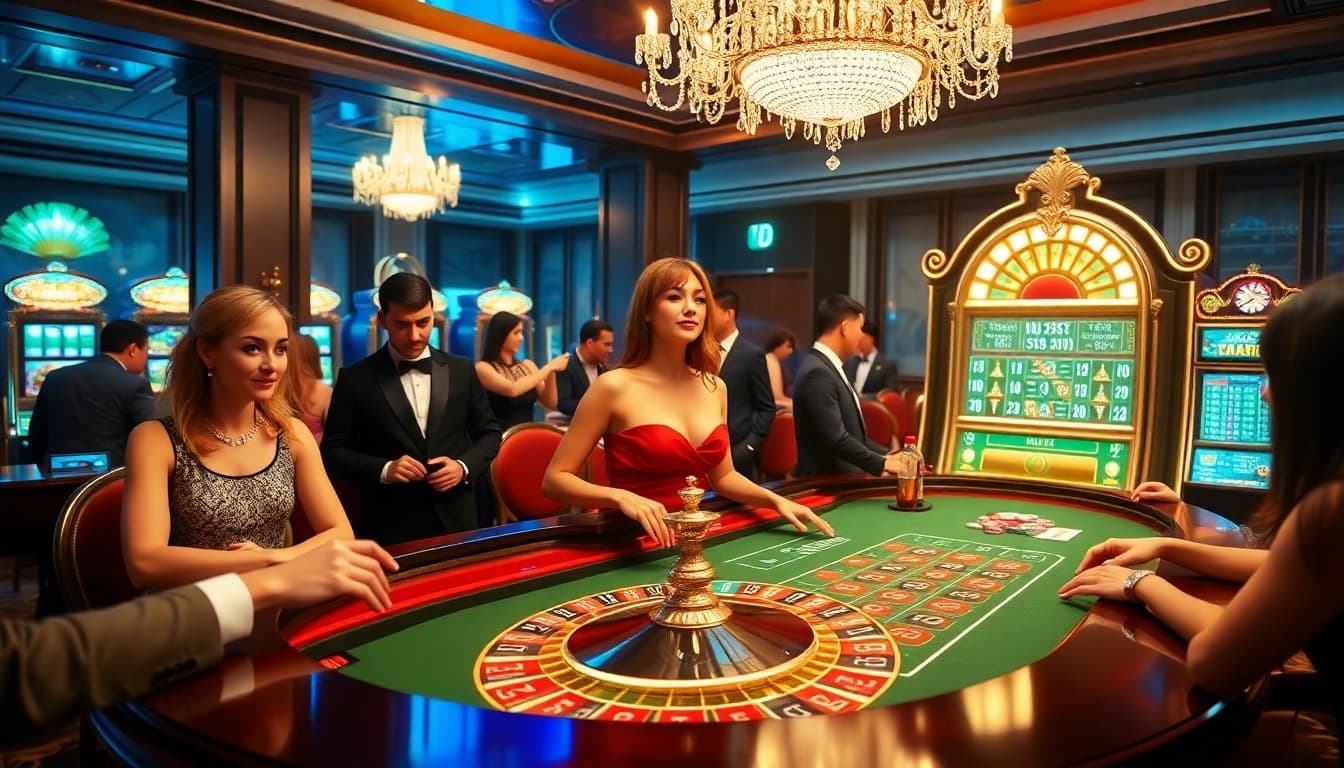 Experience thrilling gameplay at https://j88.gives/ with a luxurious casino setting featuring roulette and vibrant players.
