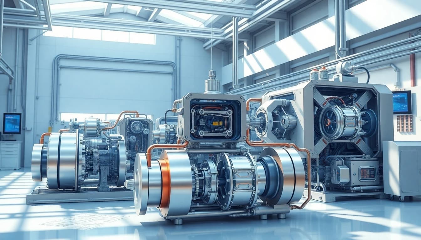 Technische Animation zeigt komplexe Maschinen in einem modernen industriellen Umfeld.