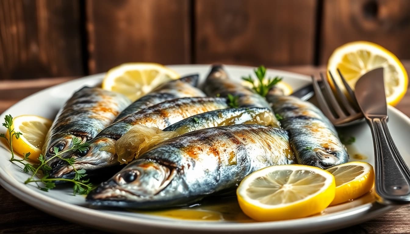 Disfruta proteina sardianas en un plato elegante con hierbas frescas y limón.