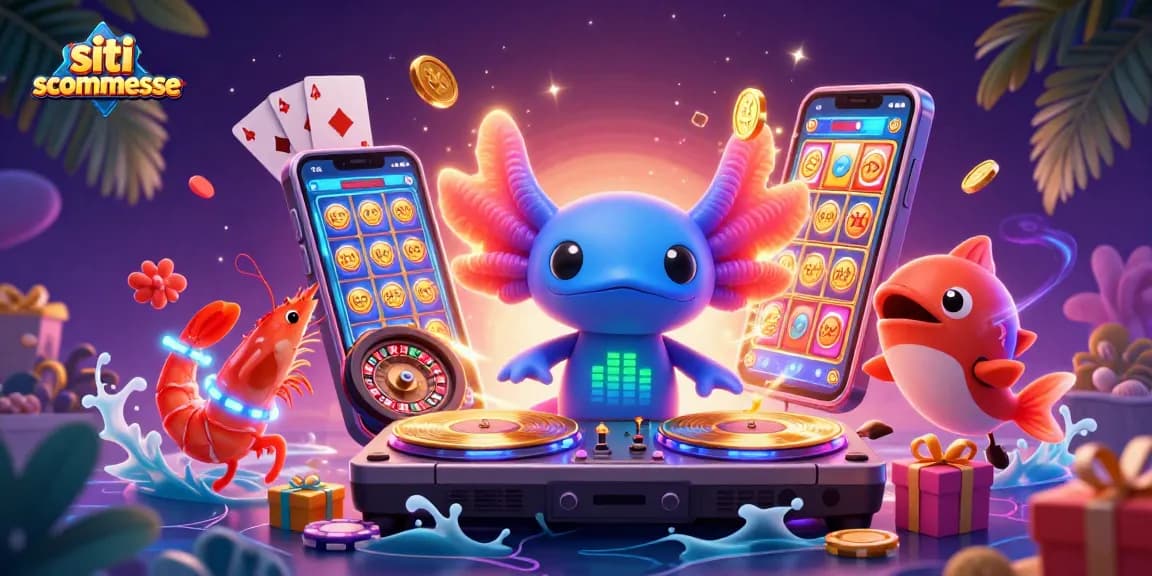 Scopri i migliori siti scommesse con un'illustrazione di un DJ axolotl e giochi d'azzardo vivaci.