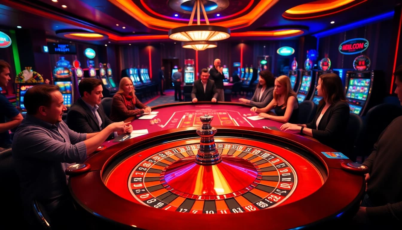 Players enjoy the thrill of high-stakes gambling at LC88 casino tables with vibrant cards and chips.