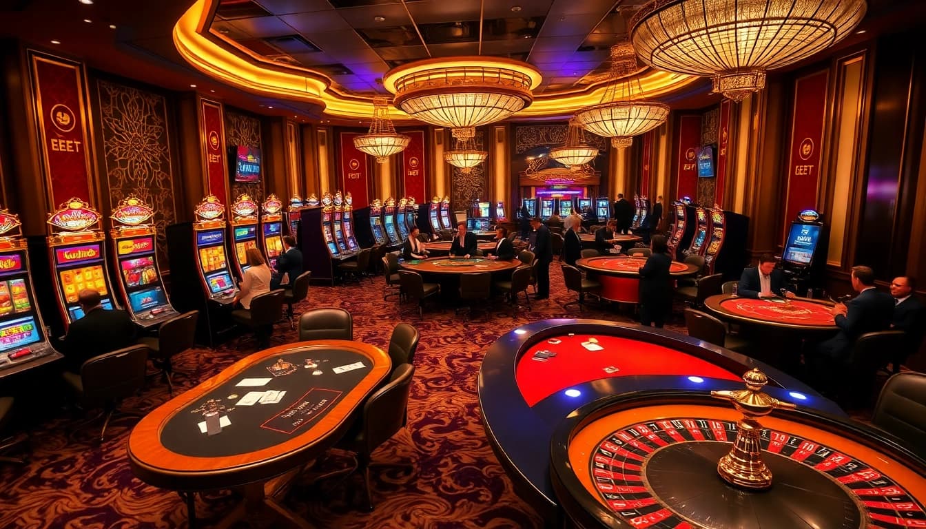 E2BET casino scene with players at poker tables and vibrant slot machines offering exciting gameplay.