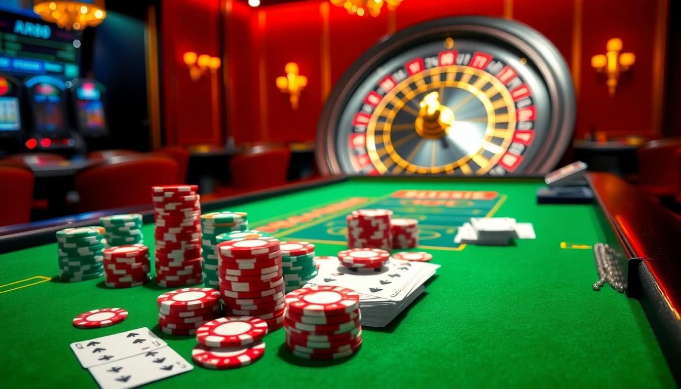 Experience the thrill of RR88 at a luxurious casino table with vibrant chips and cards.
